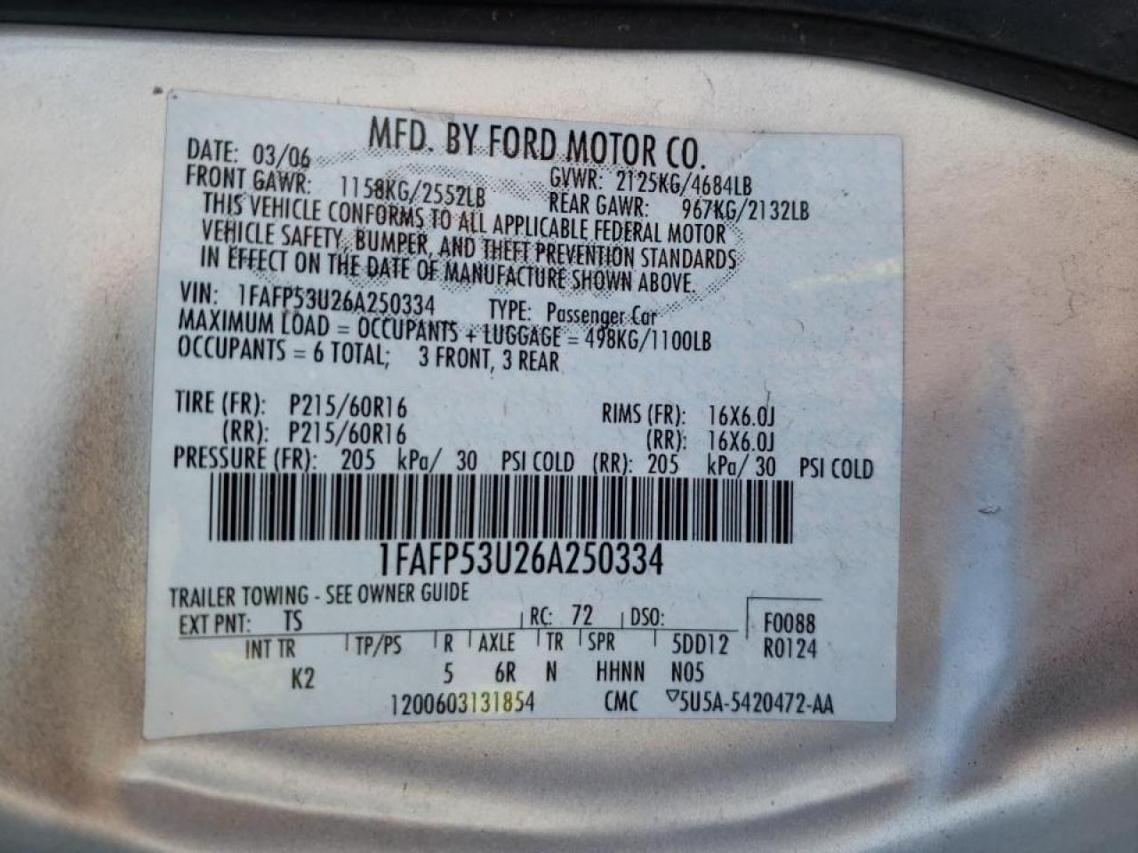 Photo 10 from auction – 2006 FORD TAURUS SE with VIN 1FAFP53U26A250334