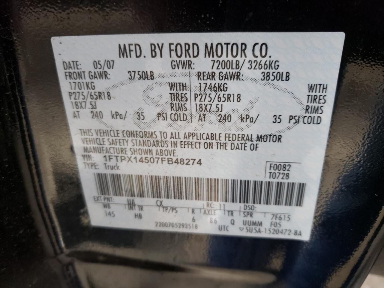 Photo 10 from auction – 2007 FORD F150 with VIN 1FTPX14507FB48274
