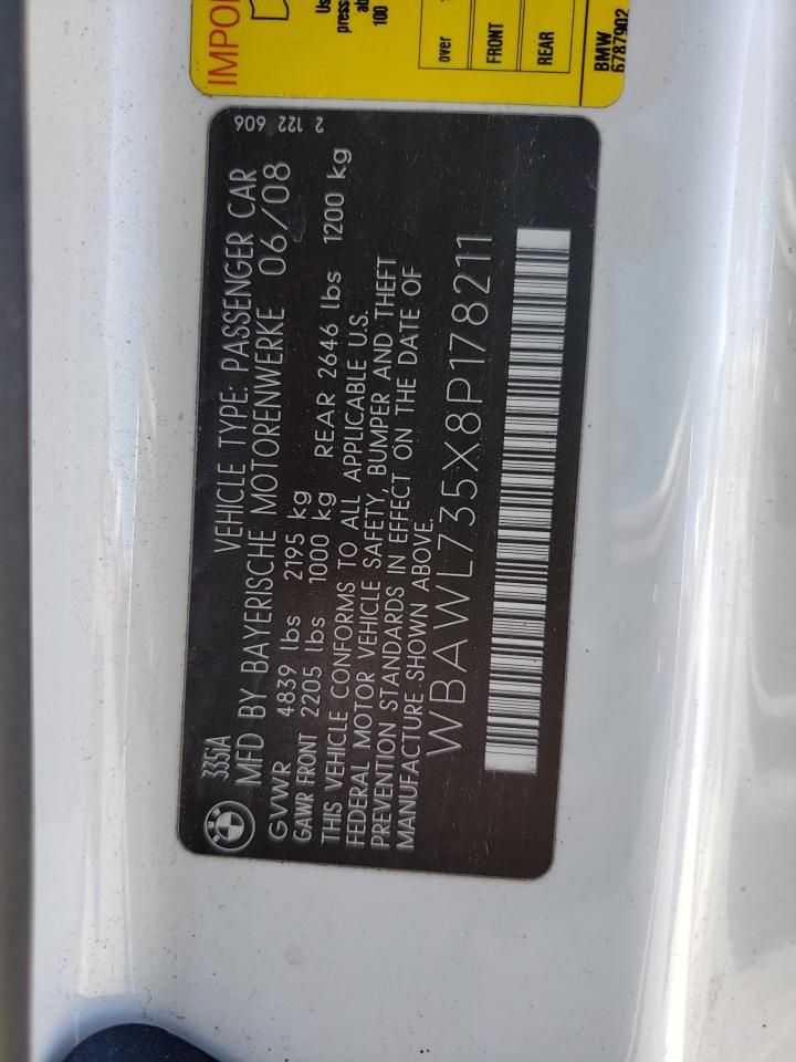 Photo 10 from auction – 2008 BMW 335 I with VIN WBAWL735X8P178211