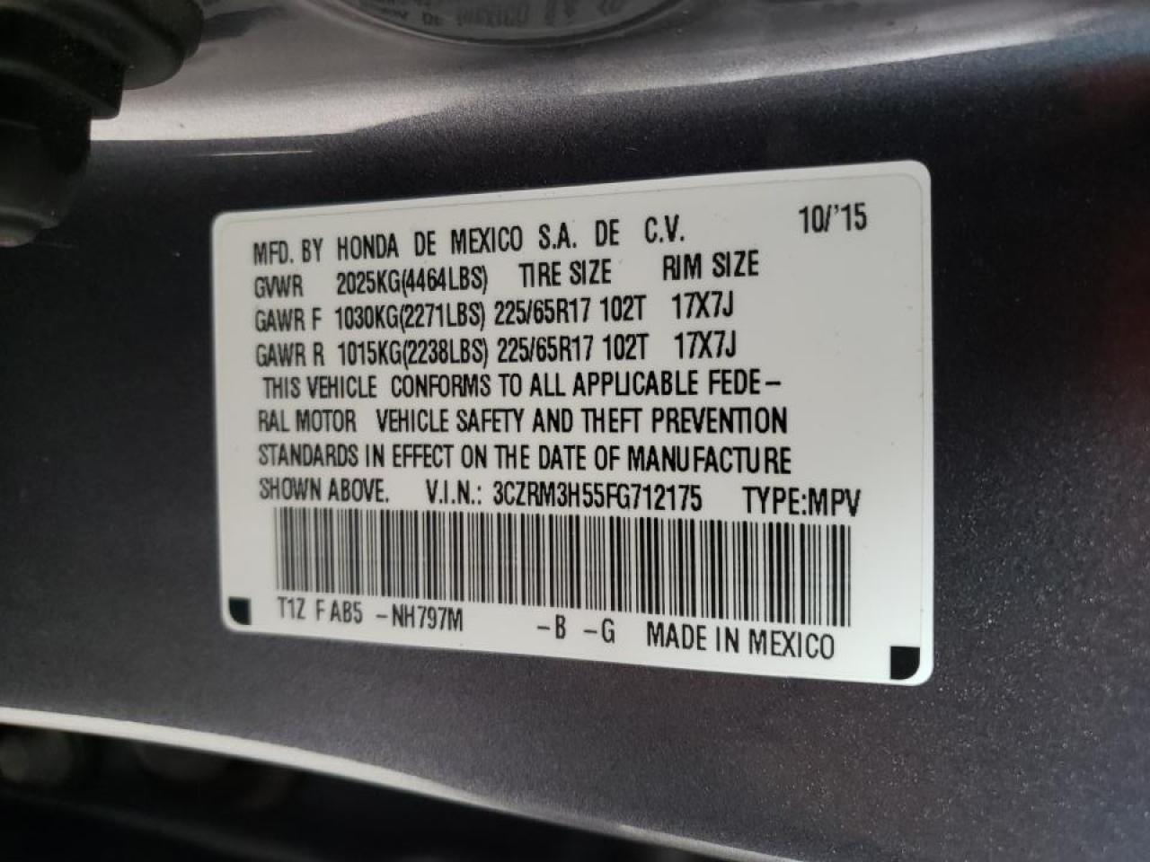 Photo 10 from auction – 2015 HONDA CR-V EX with VIN 3CZRM3H55FG712175