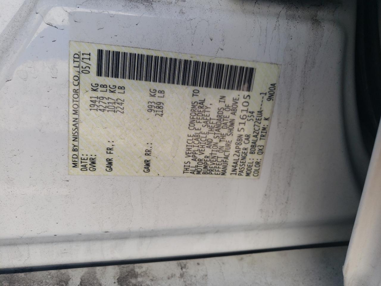 Photo 10 from auction – 2011 NISSAN ALTIMA with VIN 1N4AL2AP8BN516105
