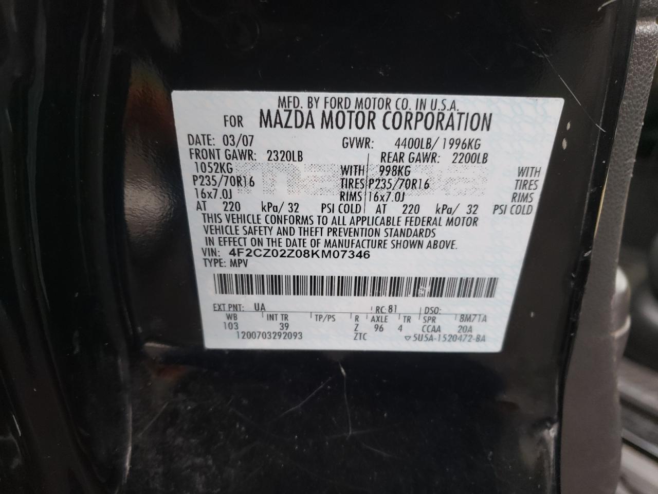 Photo 10 from auction – 2008 MAZDA TRIBUTE I with VIN 4F2CZ02Z08KM07346