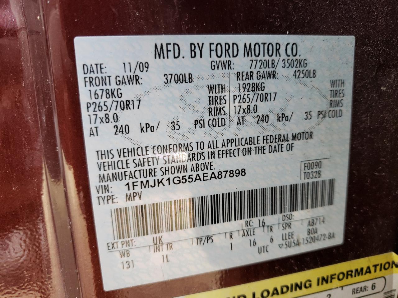Photo 10 from auction – 2010 FORD EXPEDITION with VIN 1FMJK1G55AEA87898