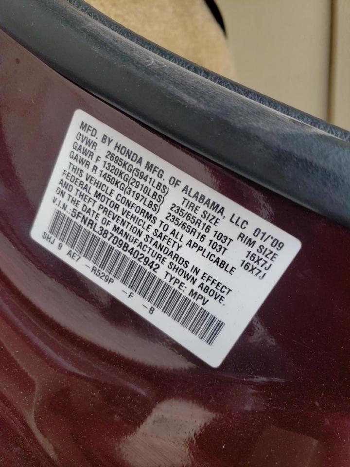 Photo 10 from auction – 2009 HONDA ODYSSEY EX with VIN 5FNRL38709B402942