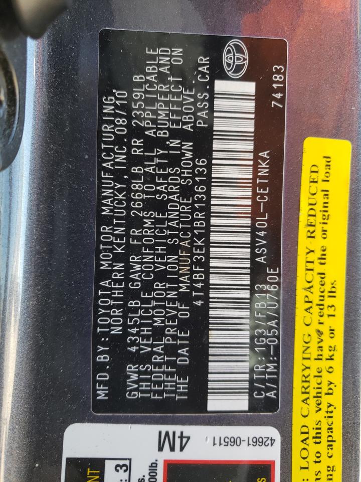 Photo 10 from auction – 2011 TOYOTA CAMRY BASE with VIN 4T4BF3EK1BR136136