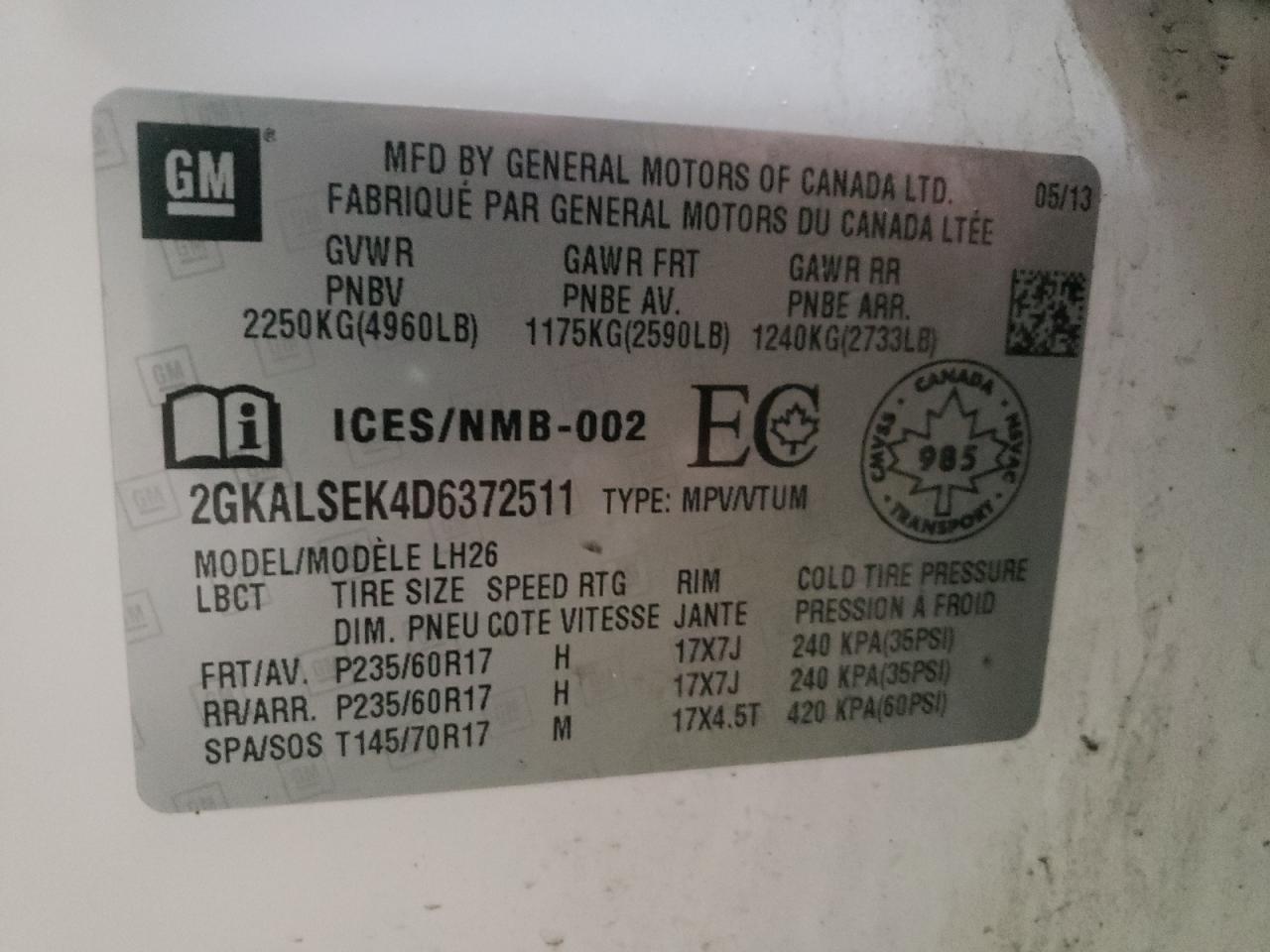 Photo 10 from auction – 2013 GMC TERRAIN SL with VIN 2GKALSEK4D6372511
