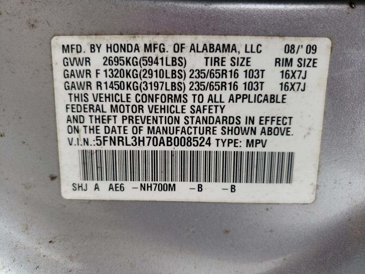Photo 10 from auction – 2010 HONDA ODYSSEY EX with VIN 5FNRL3H70AB008524