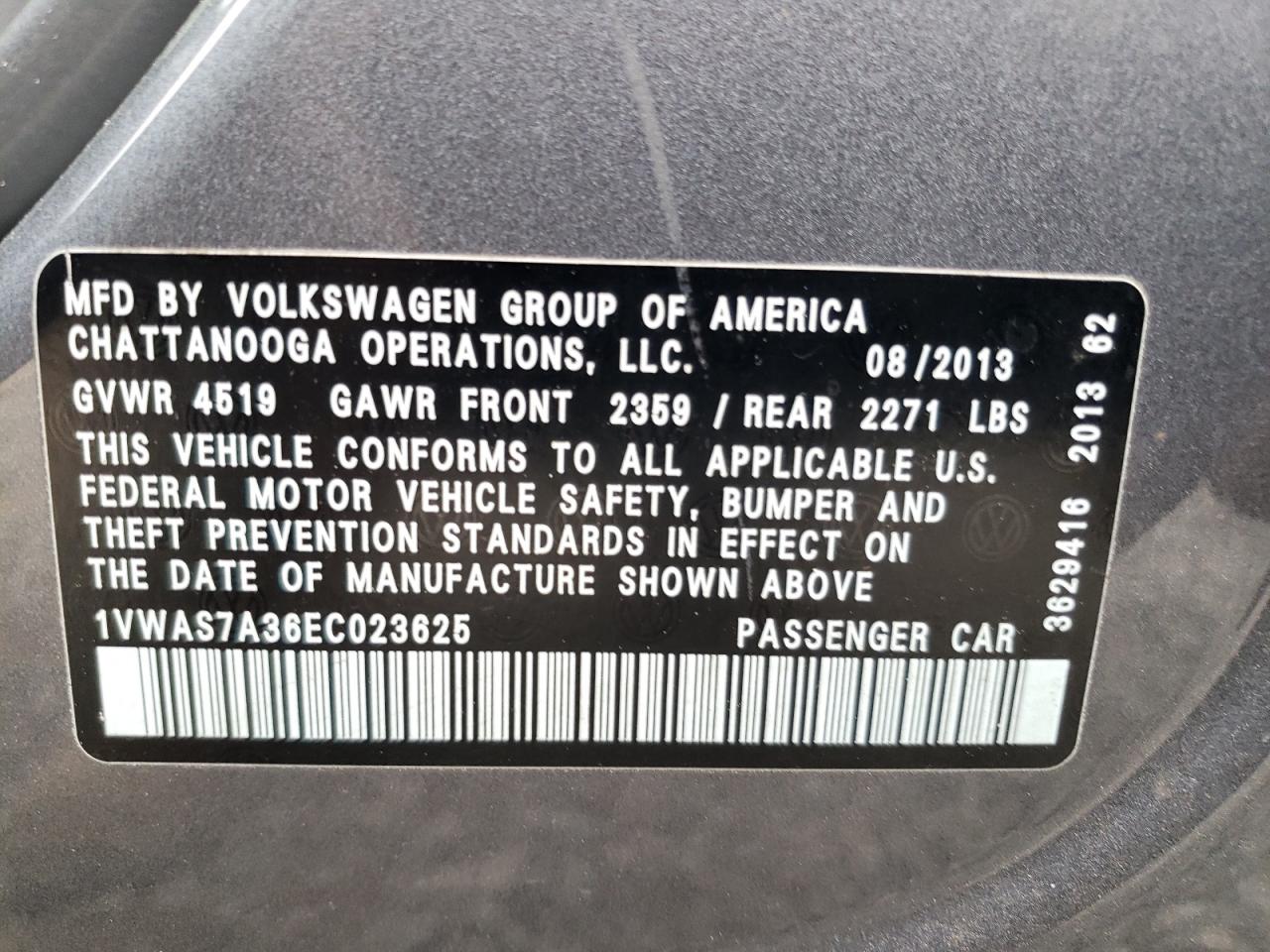 Photo 10 from auction – 2014 VOLKSWAGEN PASSAT S with VIN 1VWAS7A36EC023625