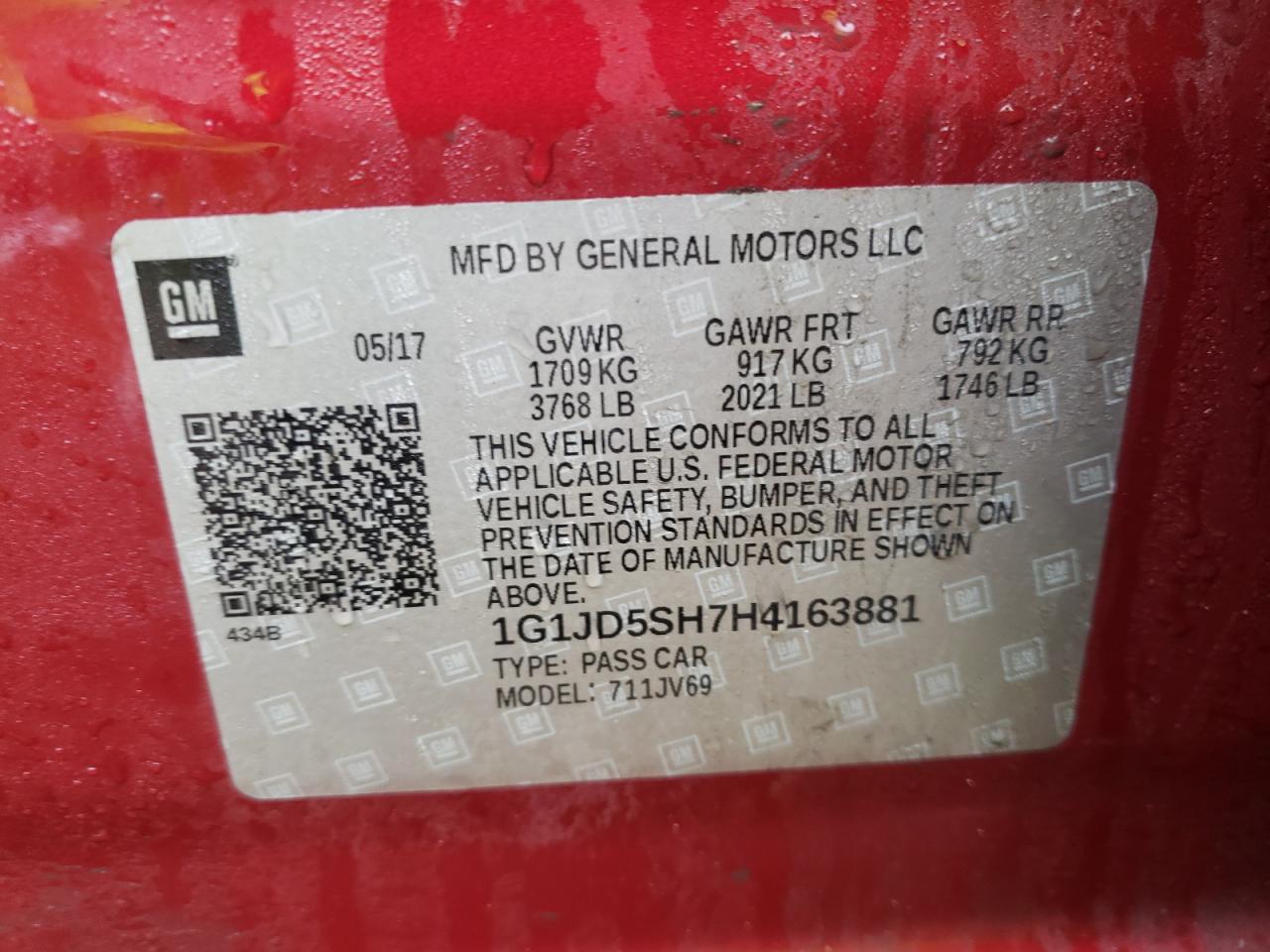 Photo 10 from auction – 2017 CHEVROLET SONIC LT with VIN 1G1JD5SH7H4163881