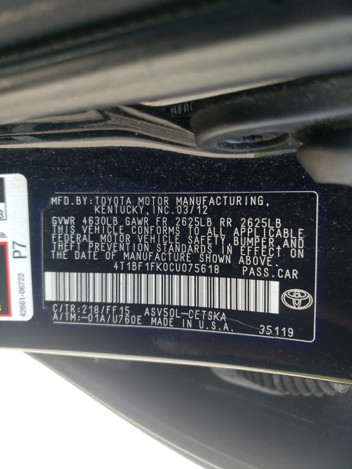 Photo 10 from auction – 2012 TOYOTA CAMRY BASE with VIN 4T1BF1FK0CU075618