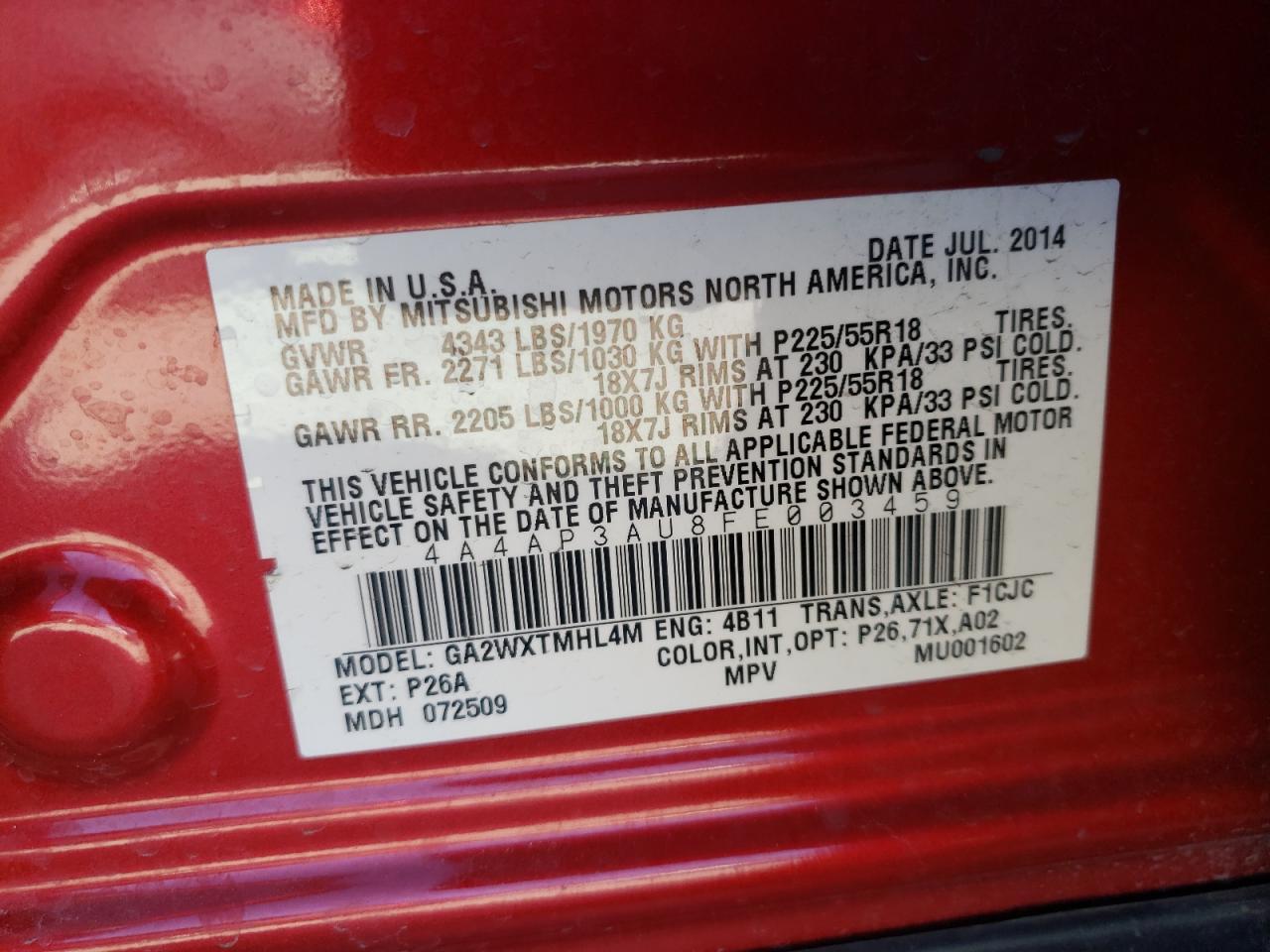Photo 10 from auction – 2015 MITSUBISHI OUTLANDER with VIN 4A4AP3AU8FE003459