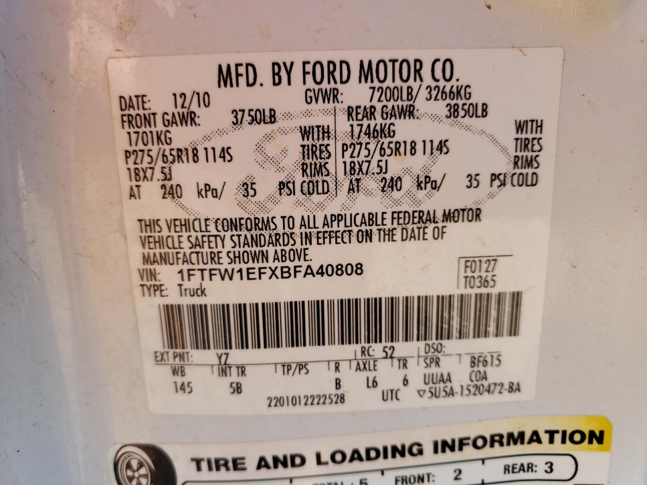 Photo 10 from auction – 2011 FORD F150 SUPER with VIN 1FTFW1EFXBFA40808