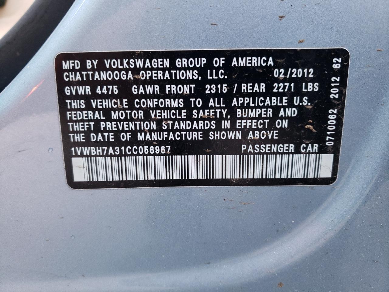 Photo 10 from auction – 2012 VOLKSWAGEN PASSAT SE with VIN 1VWBH7A31CC056967