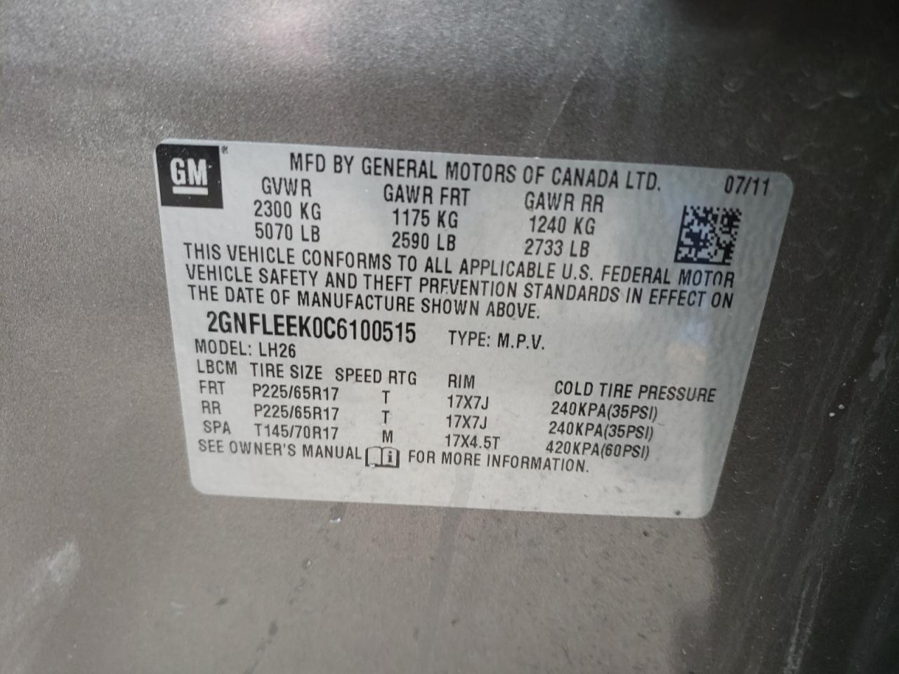 Photo 10 from auction – 2012 CHEVROLET EQUINOX LT with VIN 2GNFLEEK0C6100515