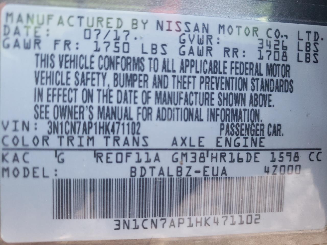 Foto 10 de la subasta – 2017 NISSAN VERSA S con VIN 3N1CN7AP1HK471102