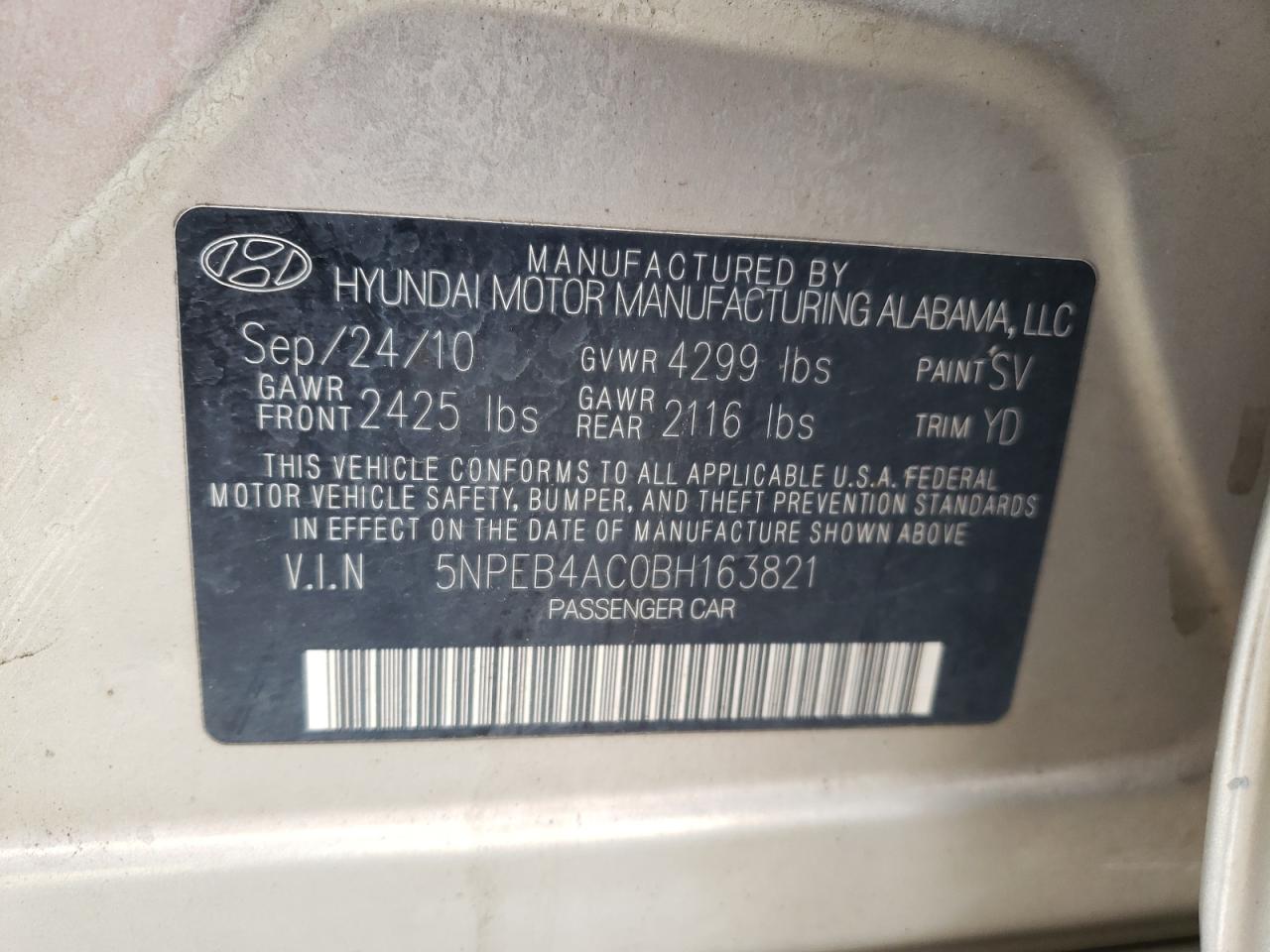 Photo 10 from auction – 2011 HYUNDAI SONATA GLS with VIN 5NPEB4AC0BH163821