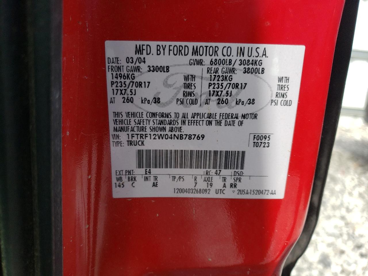 Photo 10 from auction – 2004 FORD F150 with VIN 1FTRF12W04NB78769