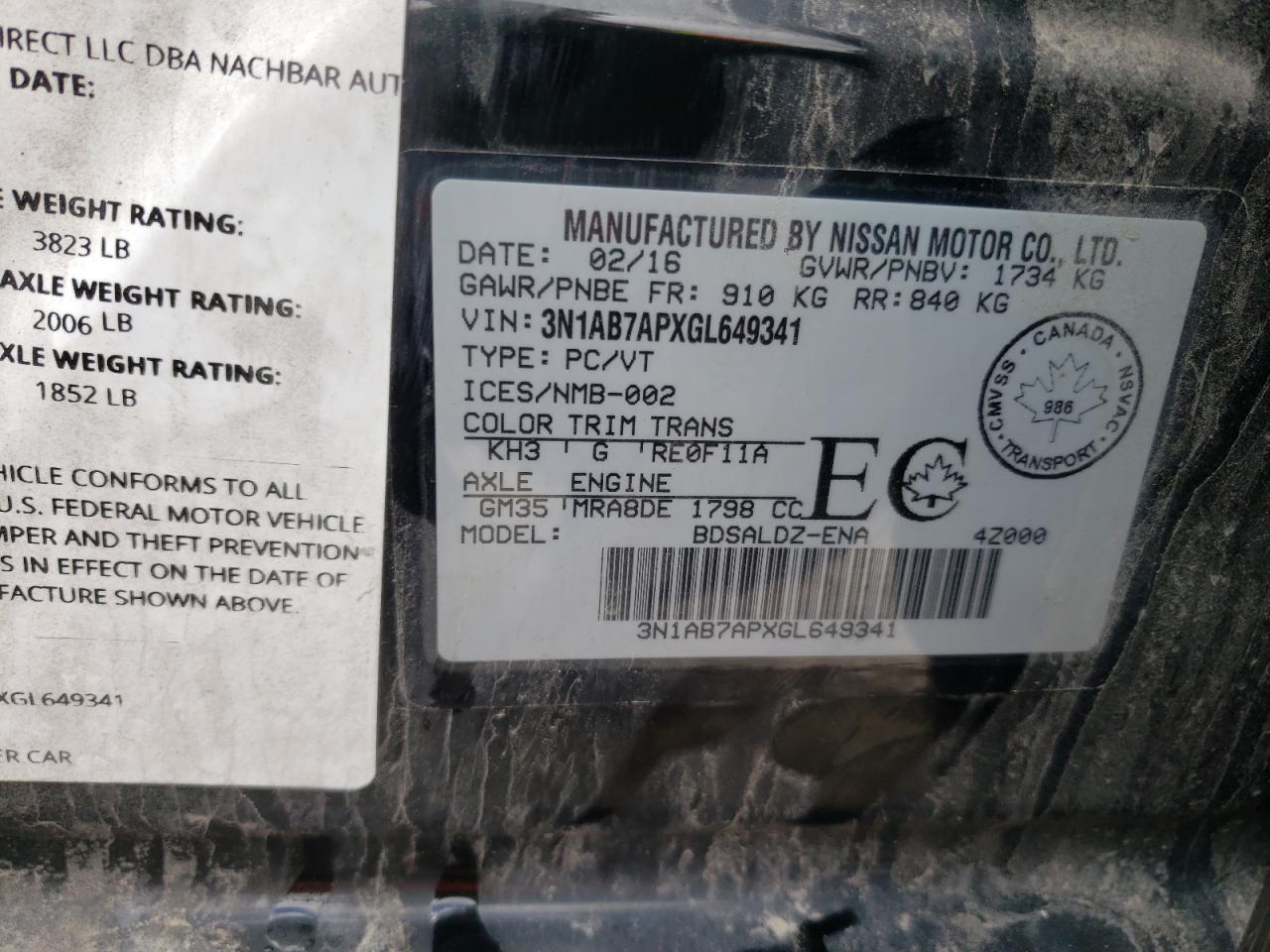 Photo 10 from auction – 2016 NISSAN SENTRA S with VIN 3N1AB7APXGL649341