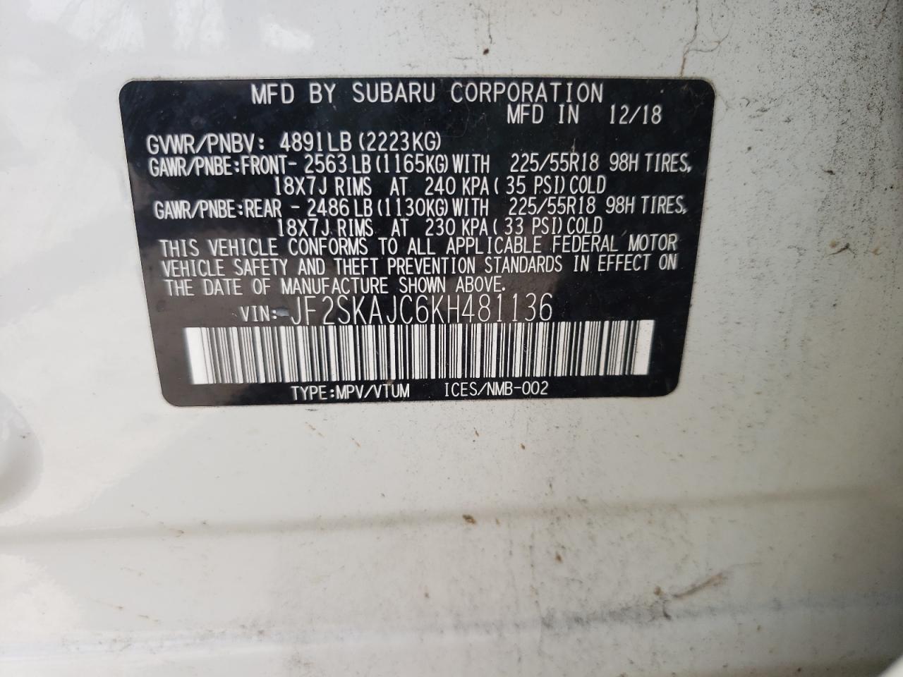 Photo 10 from auction – 2019 SUBARU FORESTER S with VIN JF2SKAJC6KH481136