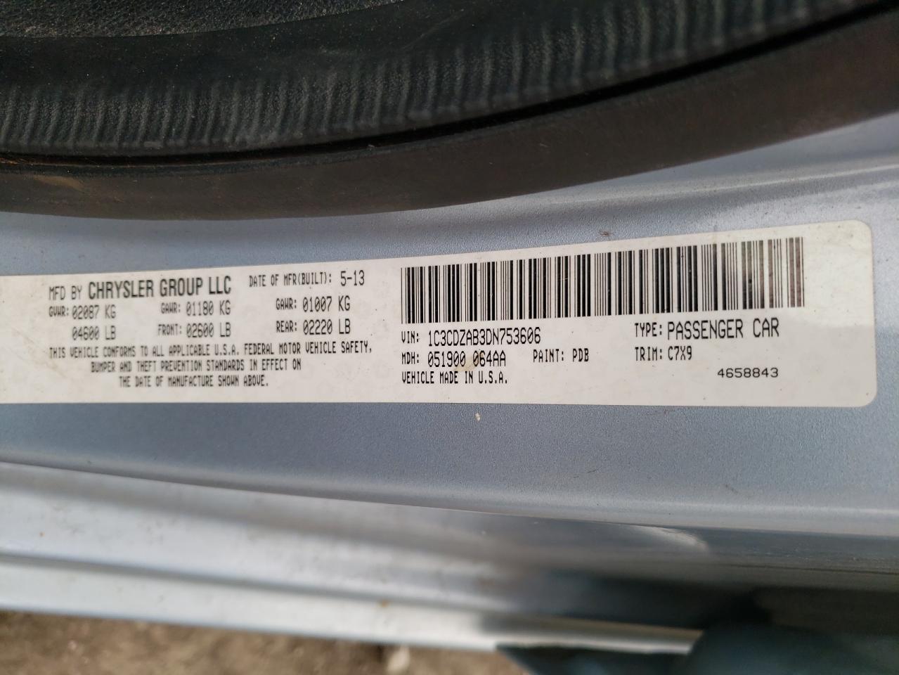 Photo 10 from auction – 2013 DODGE AVENGER SE with VIN 1C3CDZAB3DN753606
