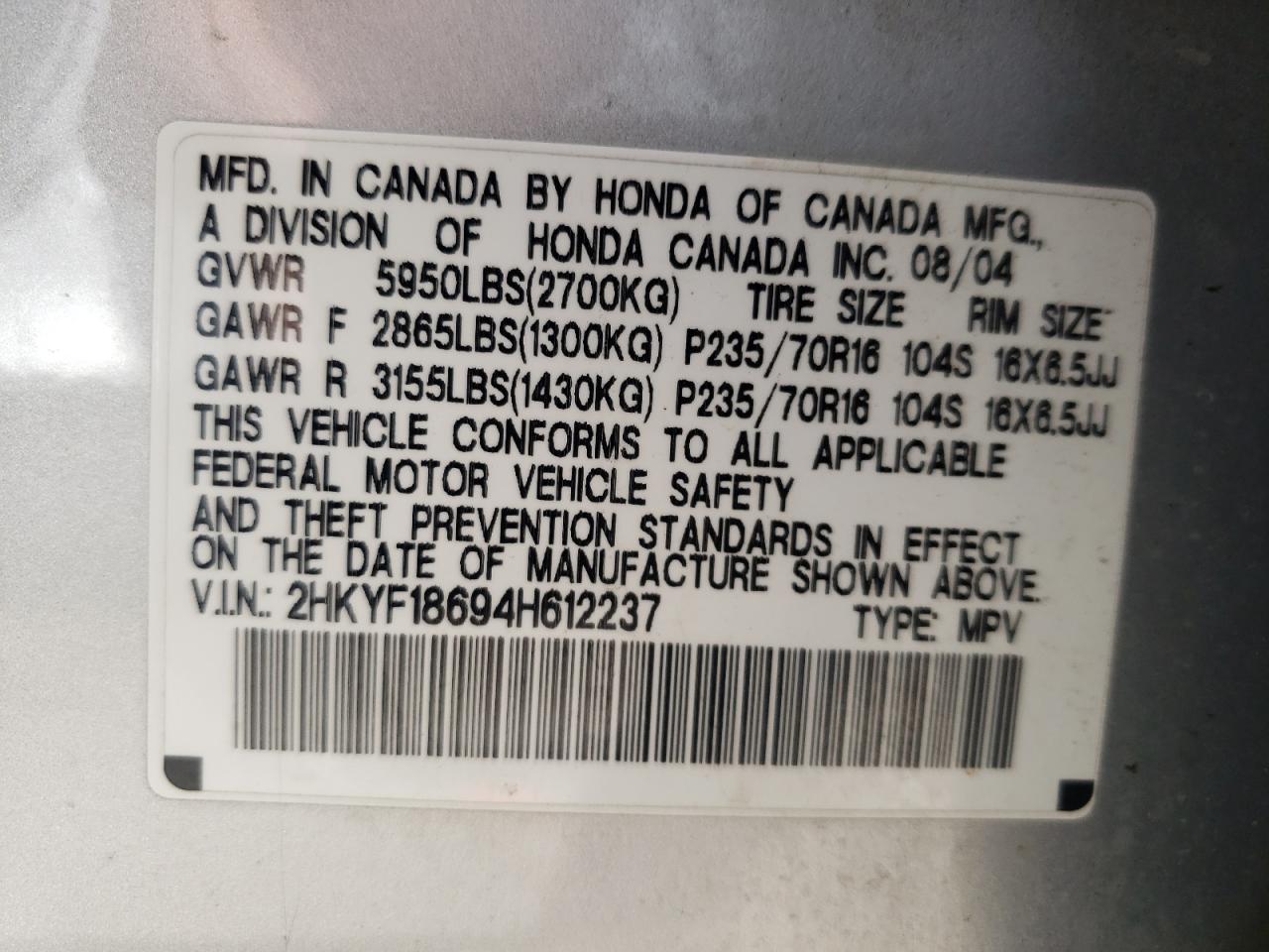 Photo 10 from auction – 2004 HONDA PILOT EXL with VIN 2HKYF18694H612237