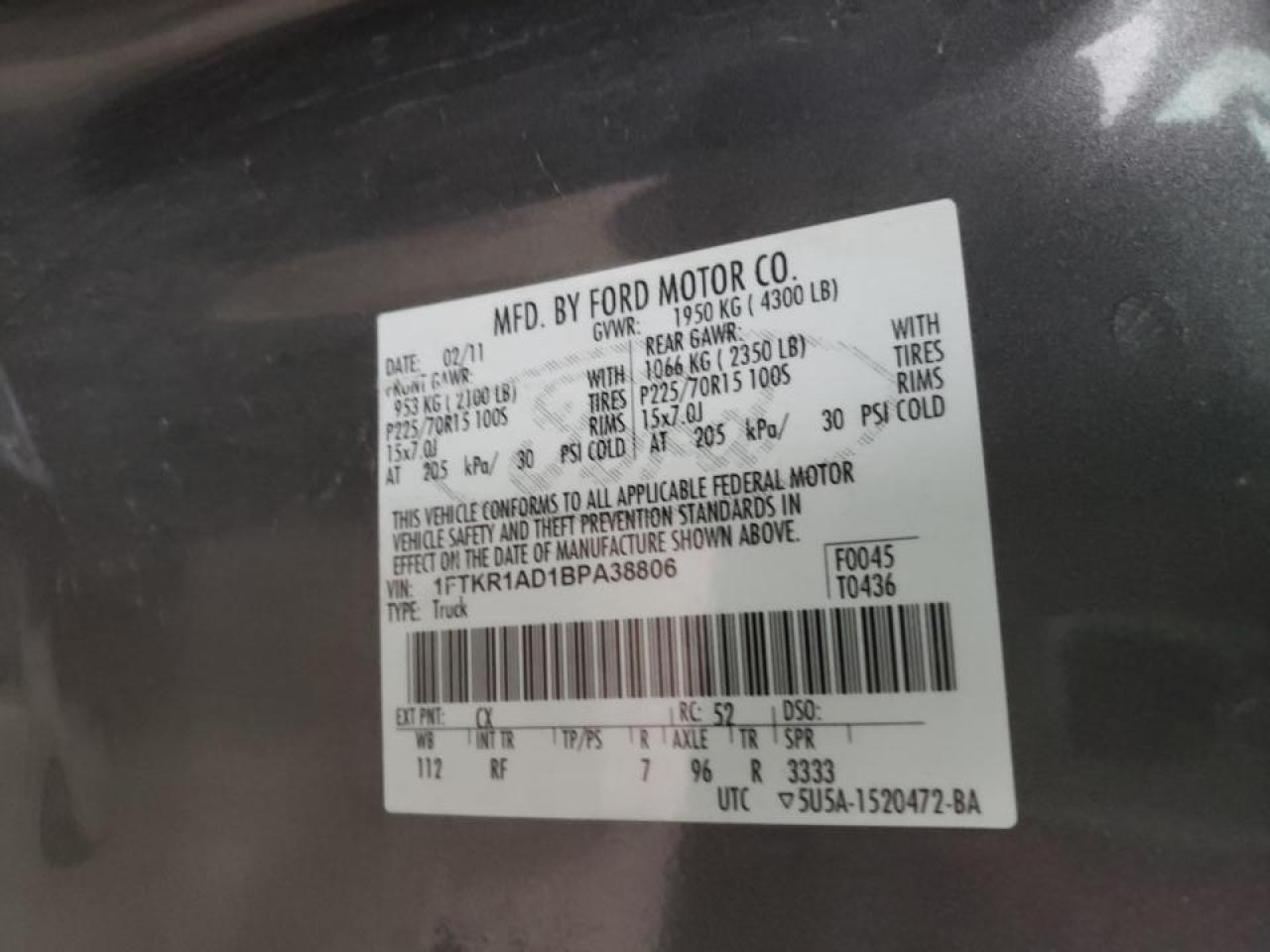 Photo 10 from auction – 2011 FORD RANGER with VIN 1FTKR1AD1BPA38806
