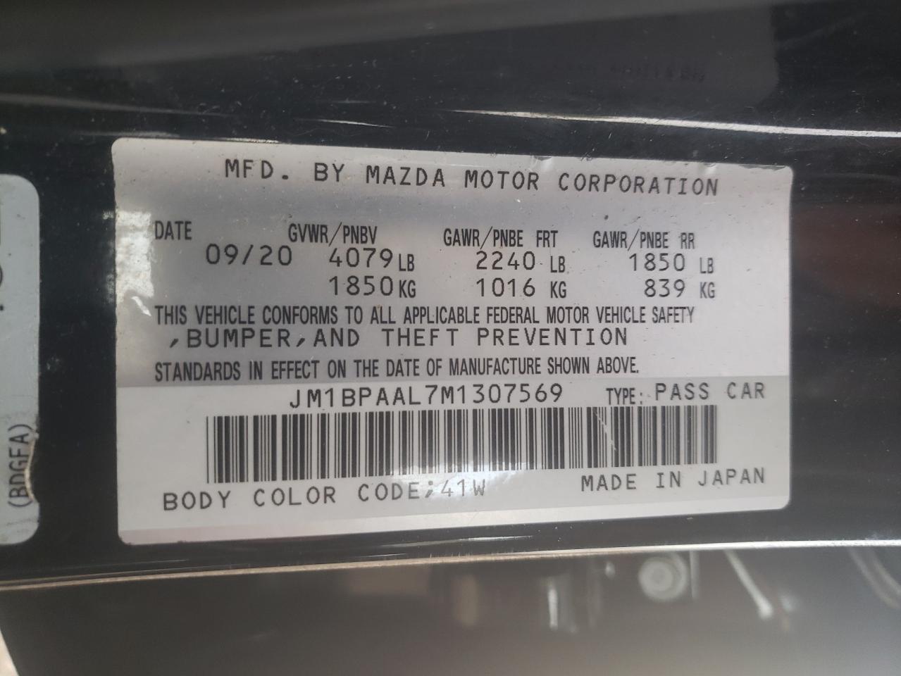 Photo 10 from auction – 2021 MAZDA 3 with VIN JM1BPAAL7M1307569