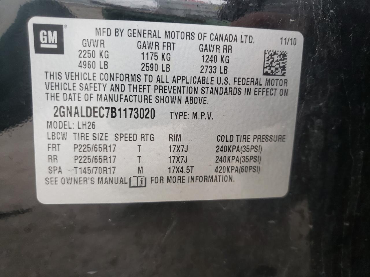 Photo 10 from auction – 2011 CHEVROLET EQUINOX LT with VIN 2GNALDEC7B1173020