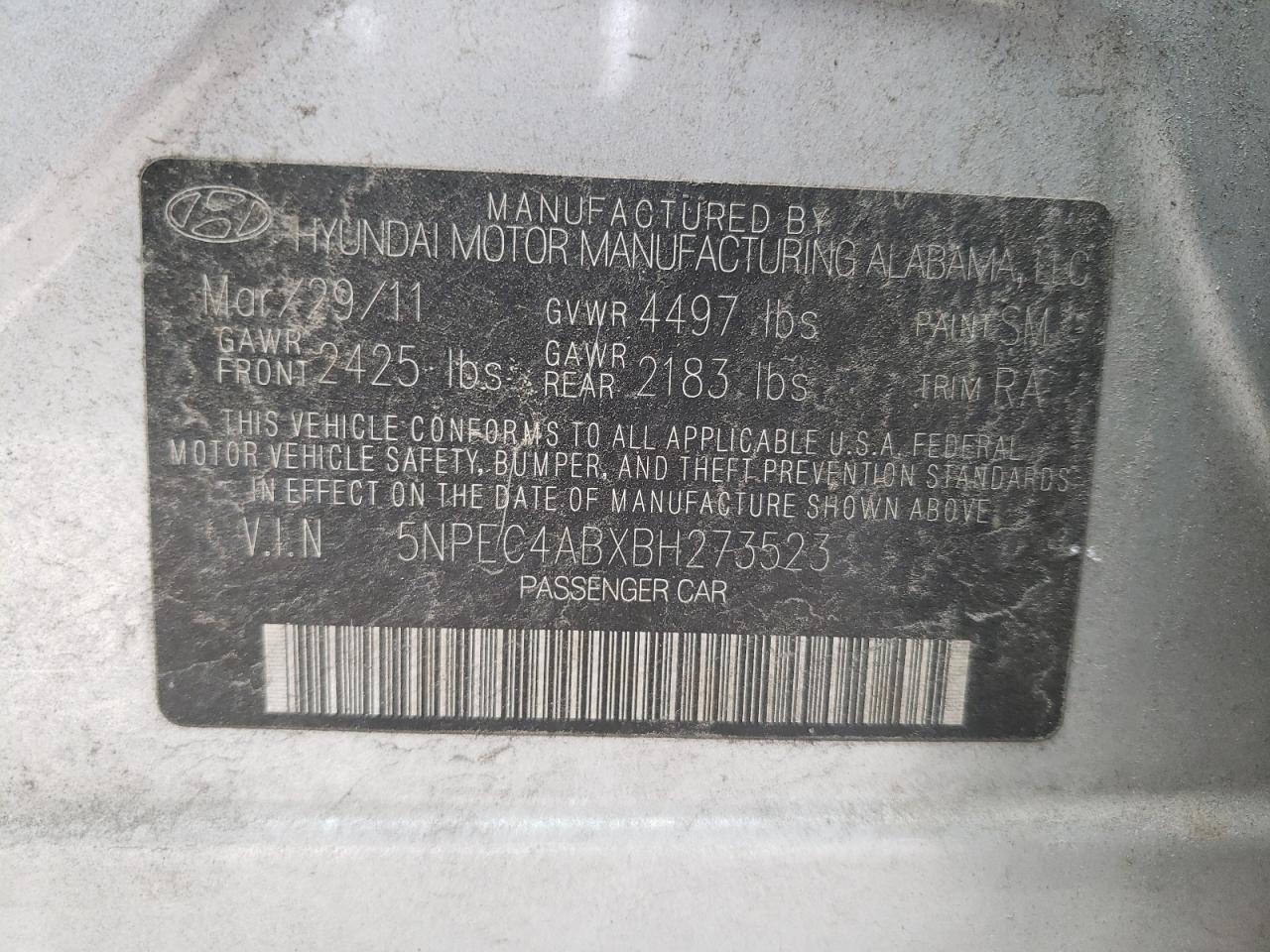 Photo 11 from auction – 2011 HYUNDAI SONATA SE with VIN 5NPEC4ABXBH273523