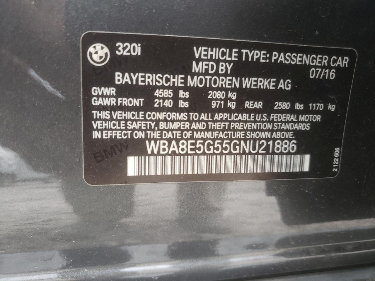 Photo 10 from auction – 2016 BMW 320 XI with VIN WBA8E5G55GNU21886