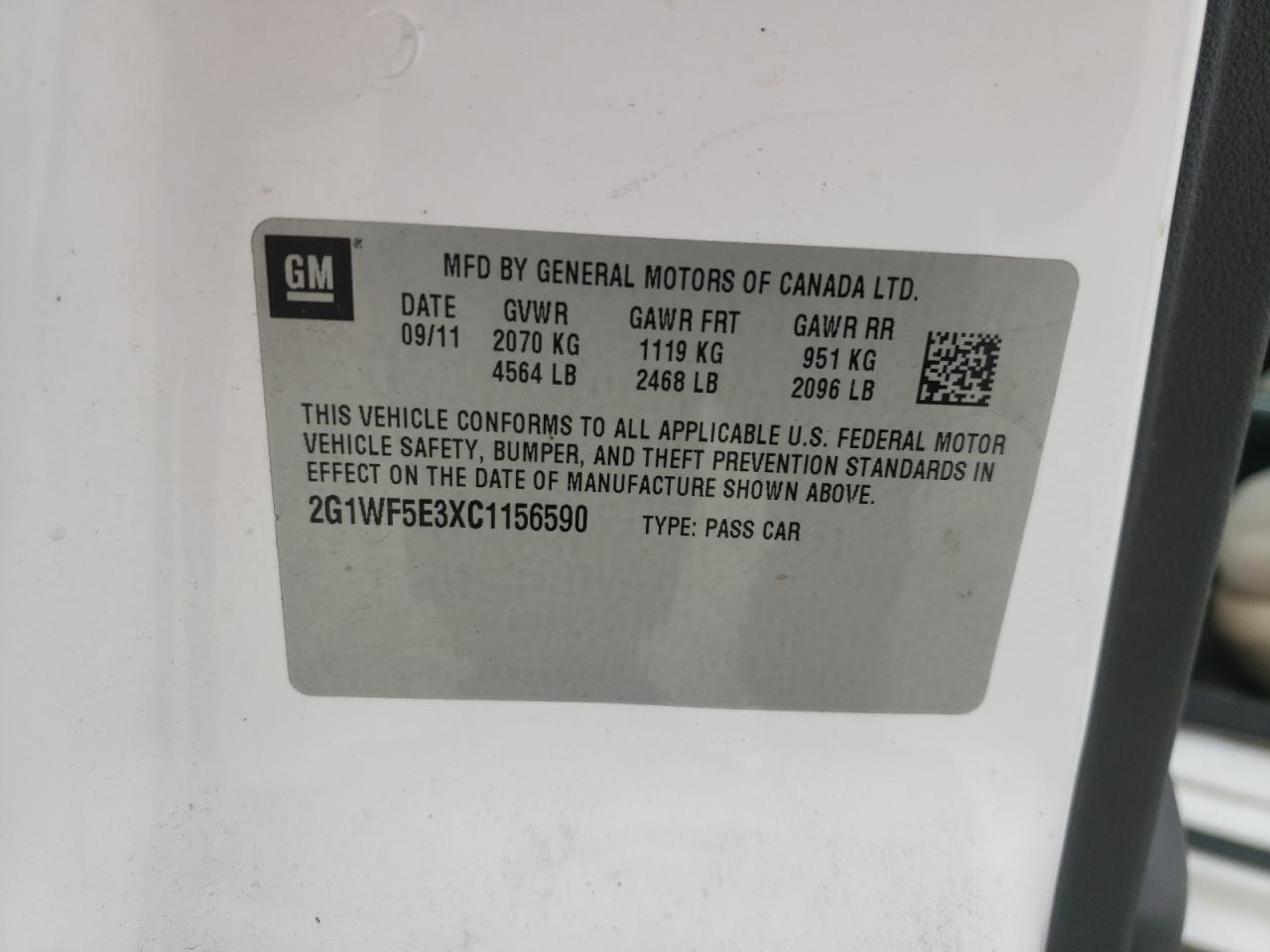 Photo 10 from auction – 2012 CHEVROLET IMPALA LS with VIN 2G1WF5E3XC1156590