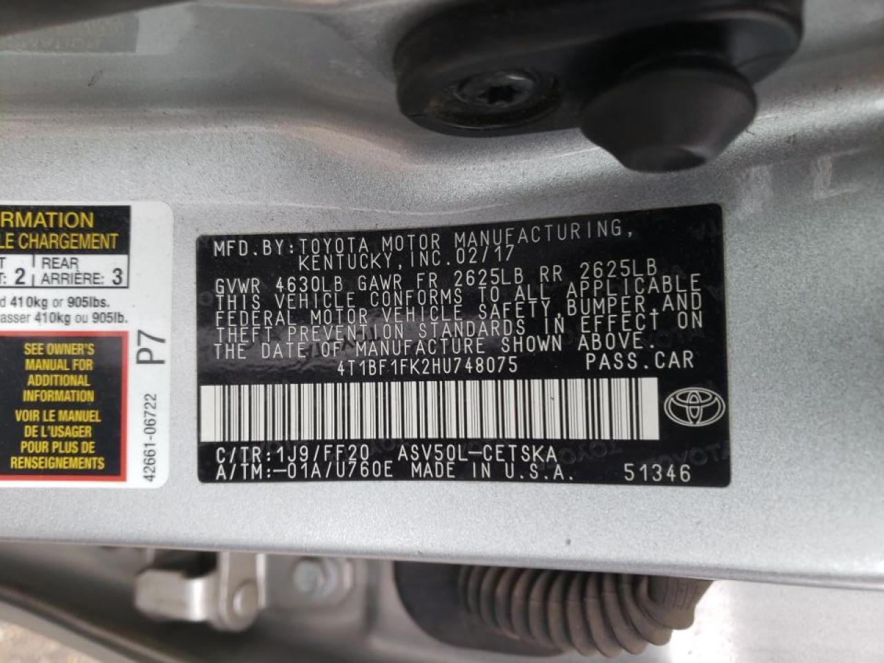 Photo 10 from auction – 2017 TOYOTA CAMRY LE with VIN 4T1BF1FK2HU748075