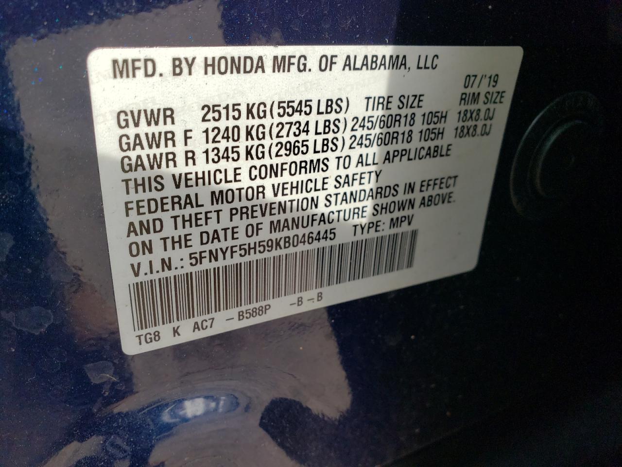 Photo 10 from auction – 2019 HONDA PILOT EXL with VIN 5FNYF5H59KB046445