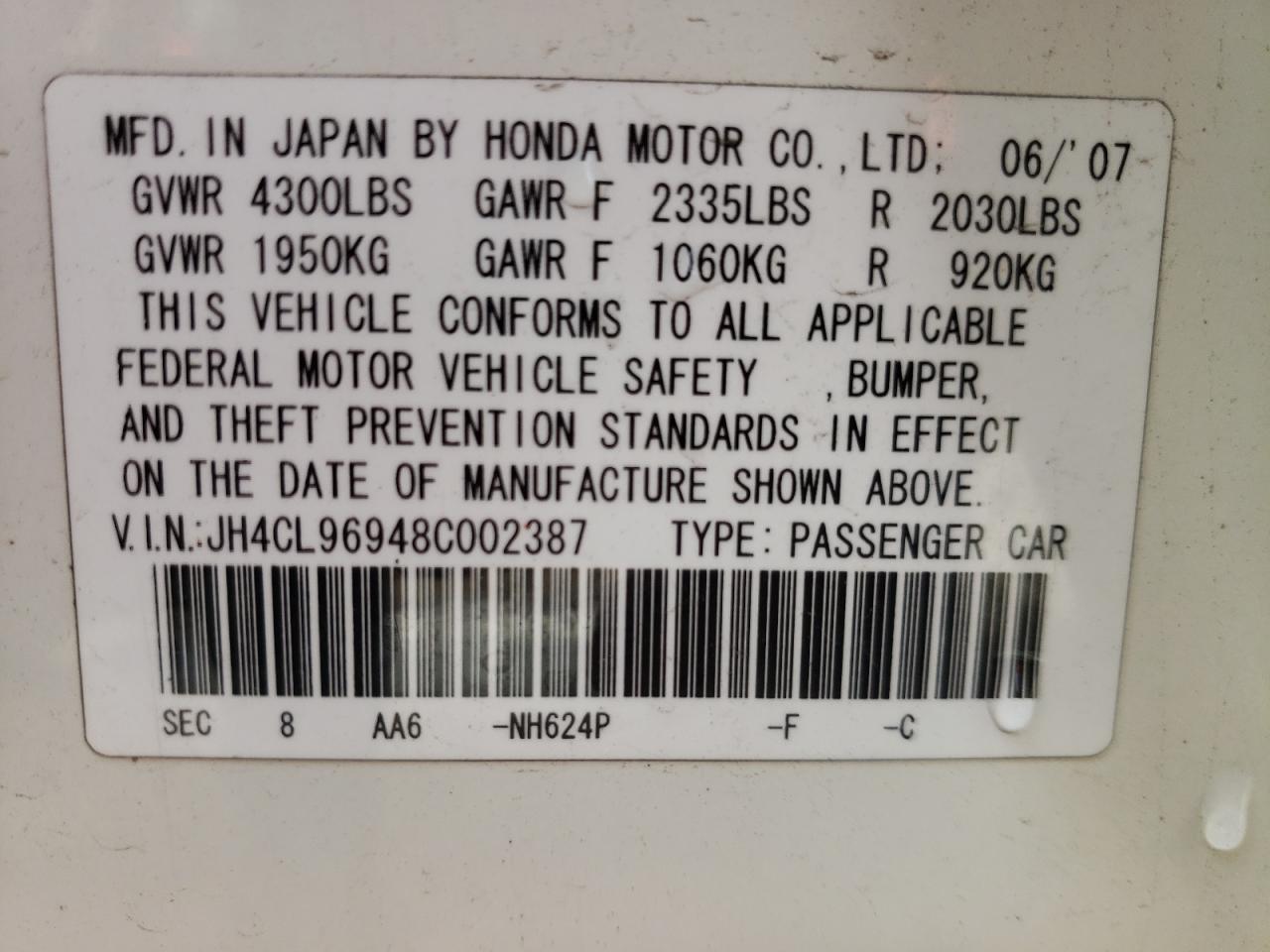 Photo 10 from auction – 2008 ACURA TSX with VIN JH4CL96948C002387