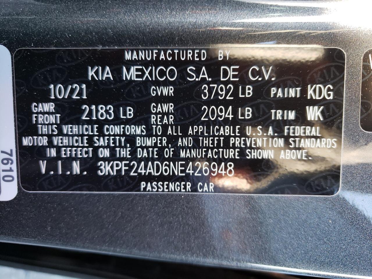 Photo 10 from auction – 2022 KIA FORTE FE with VIN 3KPF24AD6NE426948