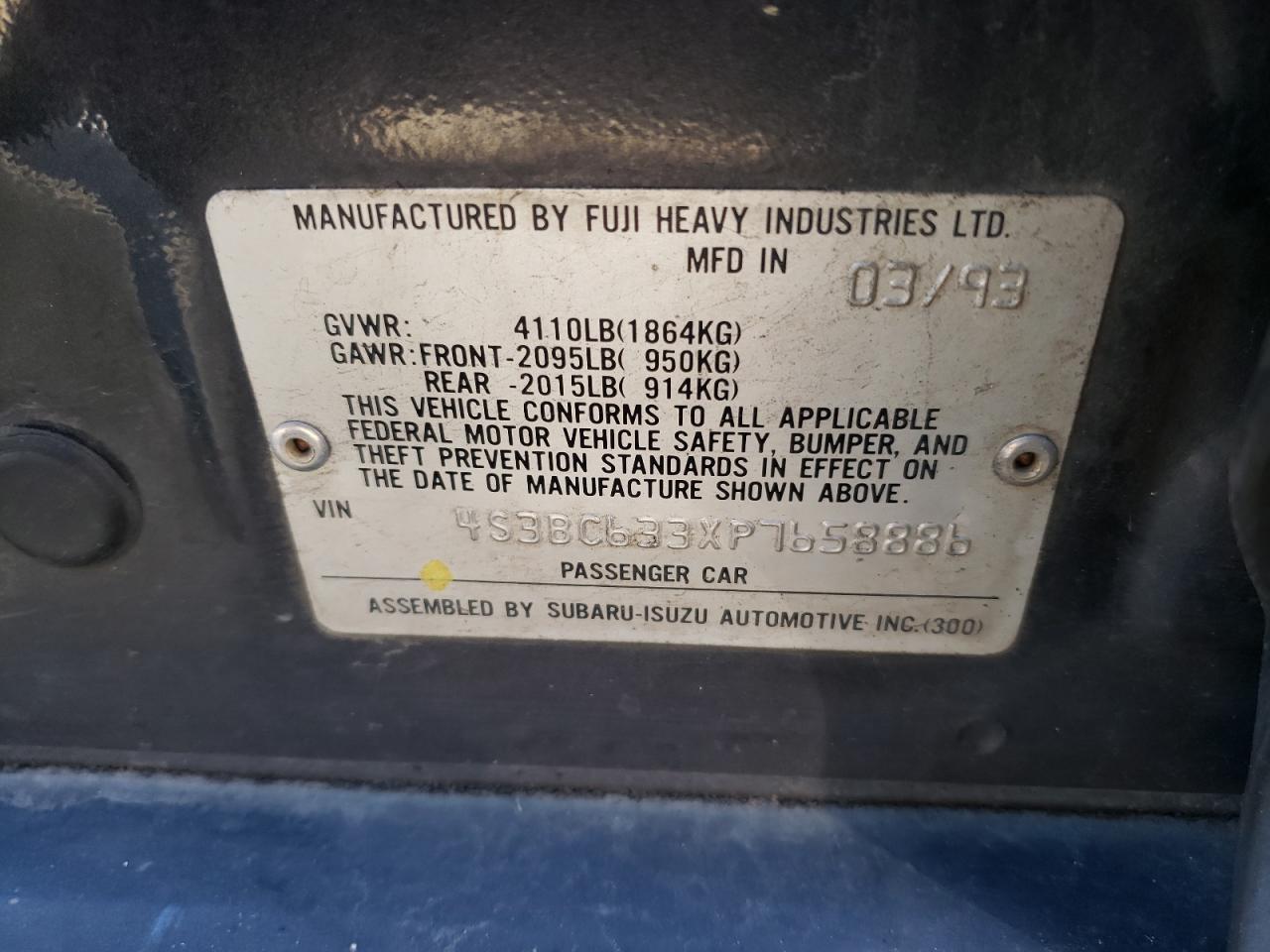 Фото 10 с аукциона – 1993 SUBARU LEGACY L с VIN 4S3BC633XP7658886