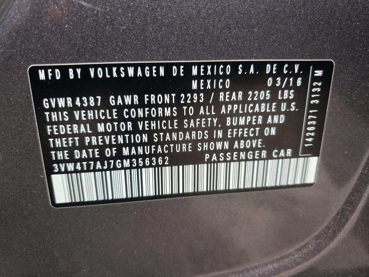 Photo 10 from auction – 2016 VOLKSWAGEN JETTA GLI with VIN 3VW4T7AJ7GM356362