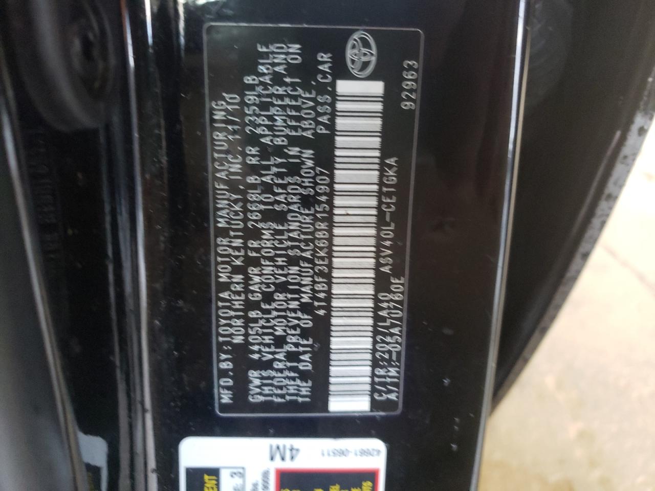 Photo 10 from auction – 2011 TOYOTA CAMRY BASE with VIN 4T4BF3EK6BR154907