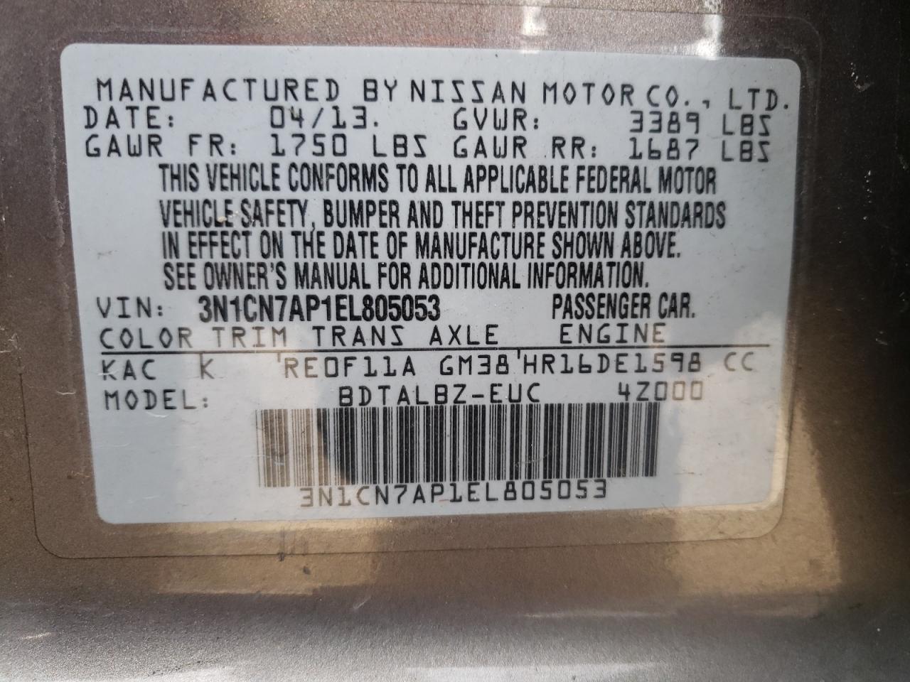 Photo 10 from auction – 2014 NISSAN VERSA with VIN 3N1CN7AP1EL805053