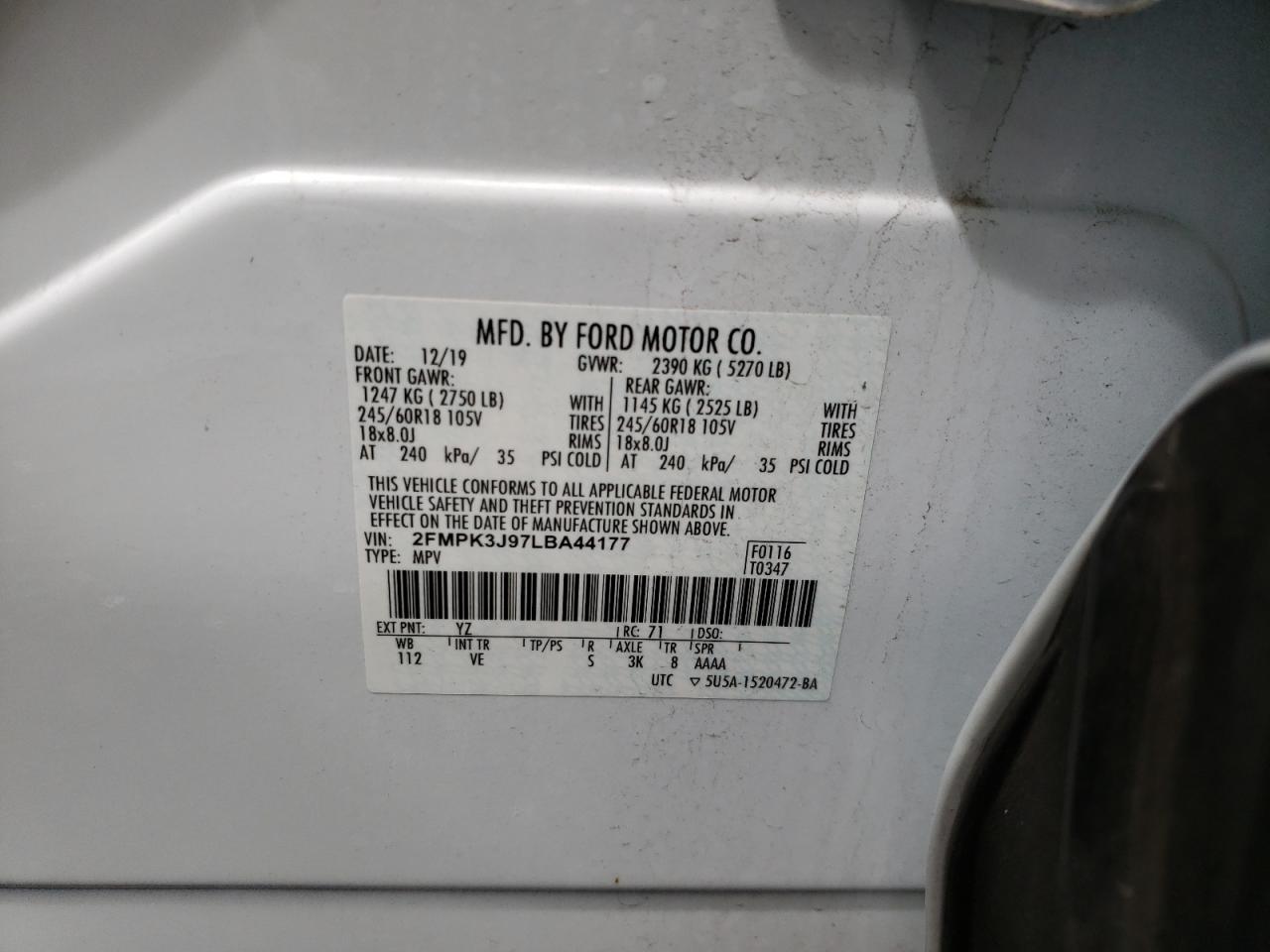 Photo 10 from auction – 2020 FORD EDGE SEL with VIN 2FMPK3J97LBA44177