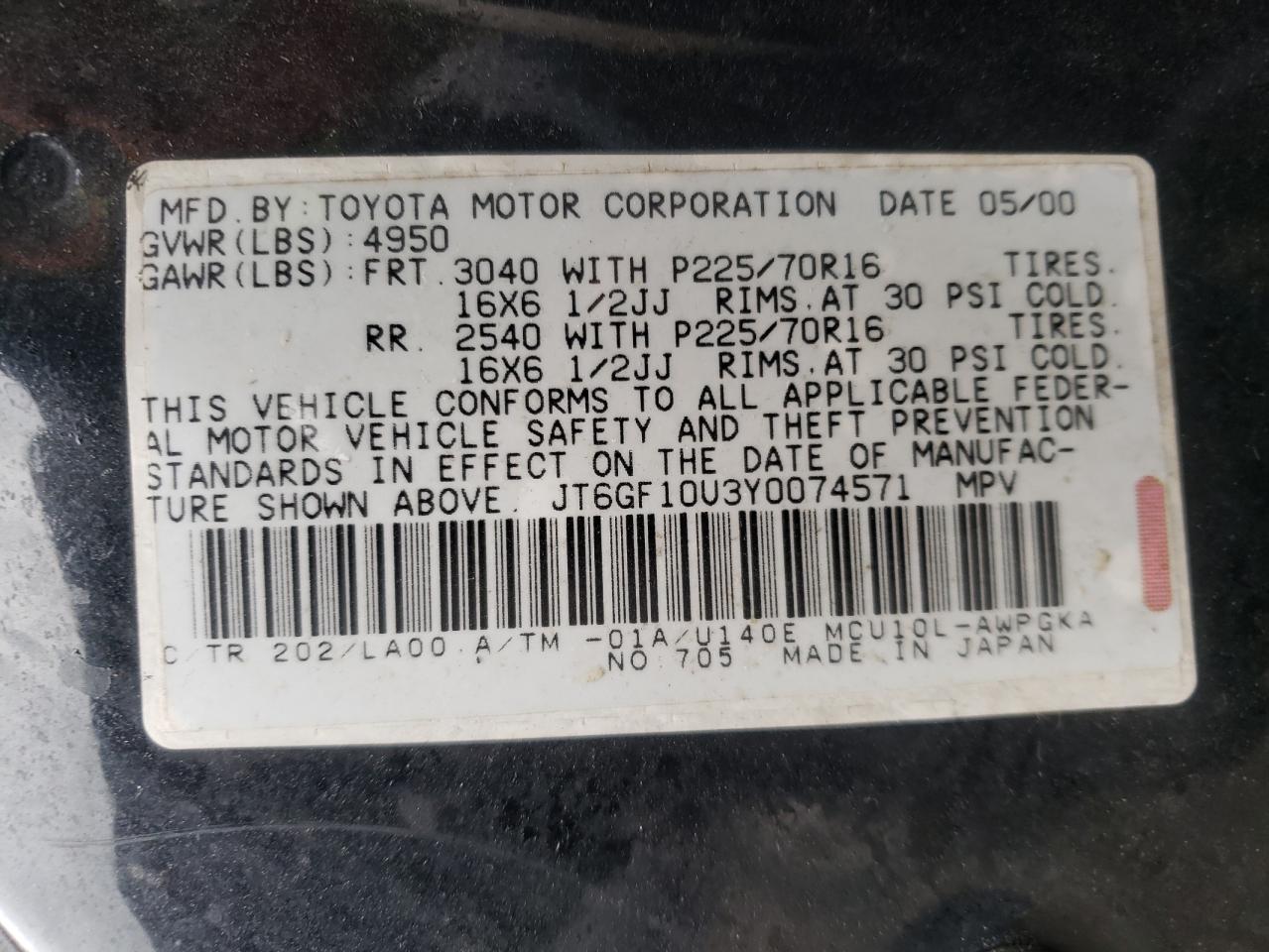 Photo 10 from auction – 2000 LEXUS RX 300 with VIN JT6GF10U3Y0074571