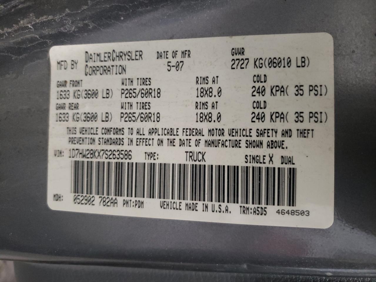 Photo 10 from auction – 2007 DODGE DAKOTA QUA with VIN 1D7HW28KX7S263586