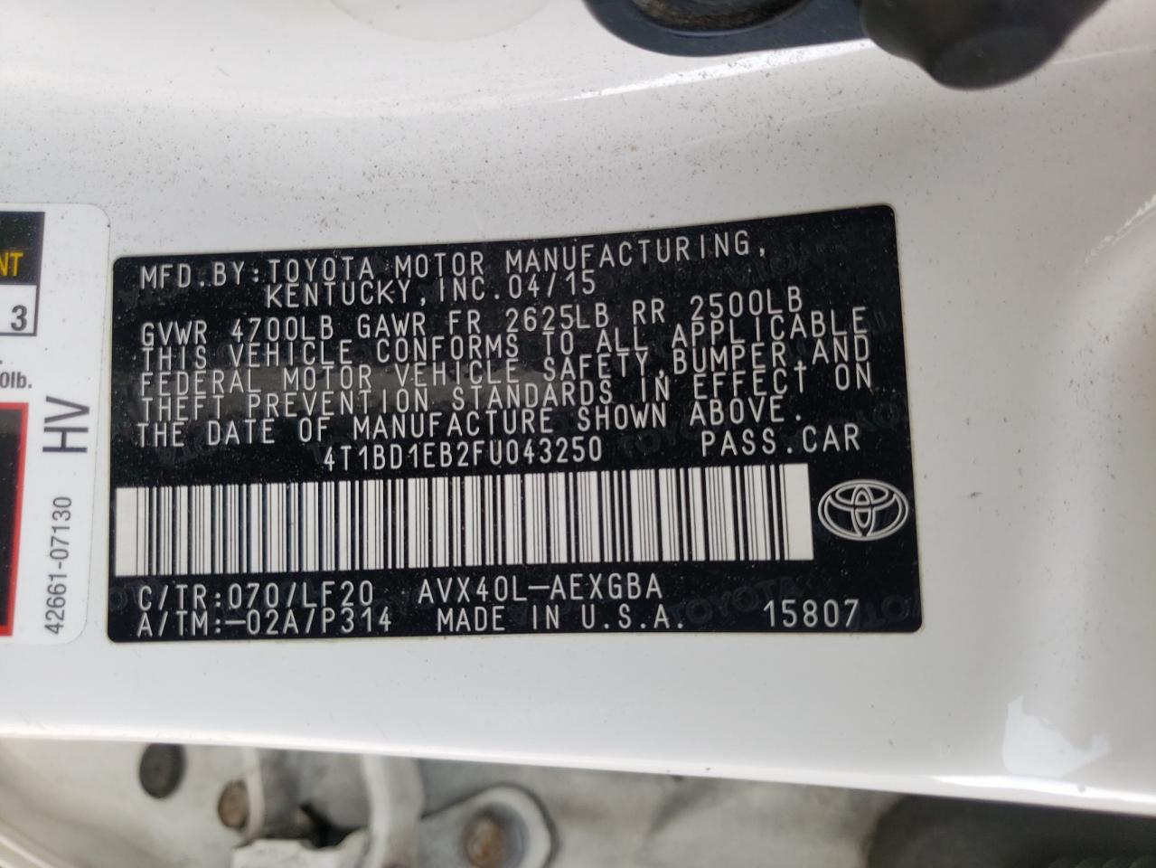 Photo 10 from auction – 2015 TOYOTA AVALON HYB with VIN 4T1BD1EB2FU043250