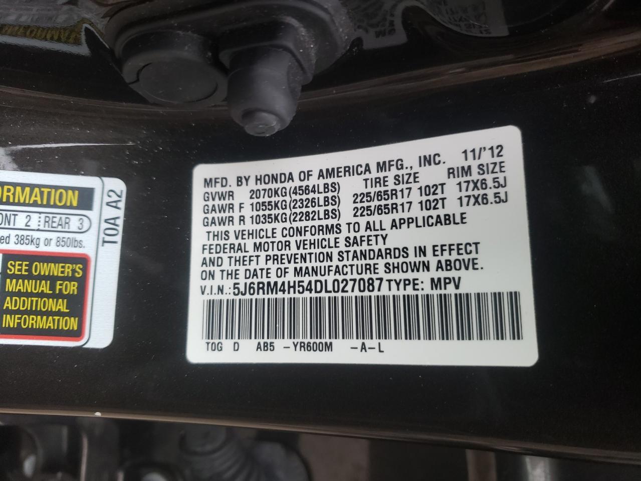 Photo 10 from auction – 2013 HONDA CR-V EX with VIN 5J6RM4H54DL027087
