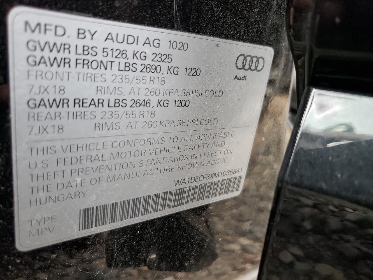 Photo 10 from auction – 2021 AUDI Q3 PREMIUM with VIN WA1DECF3XM1035841