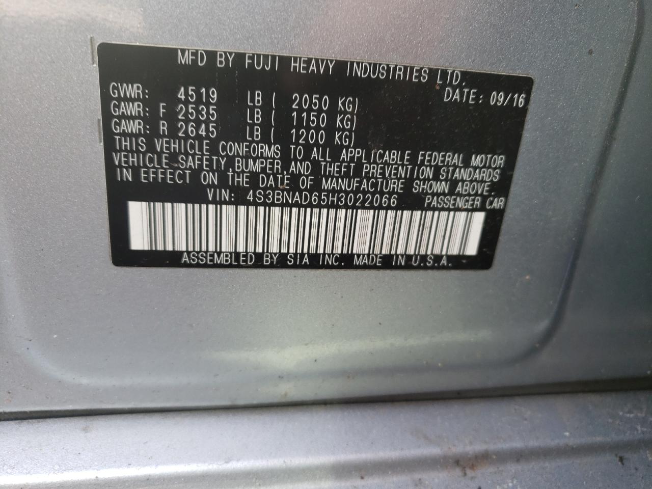 Photo 10 from auction – 2017 SUBARU LEGACY 2.5 with VIN 4S3BNAD65H3022066