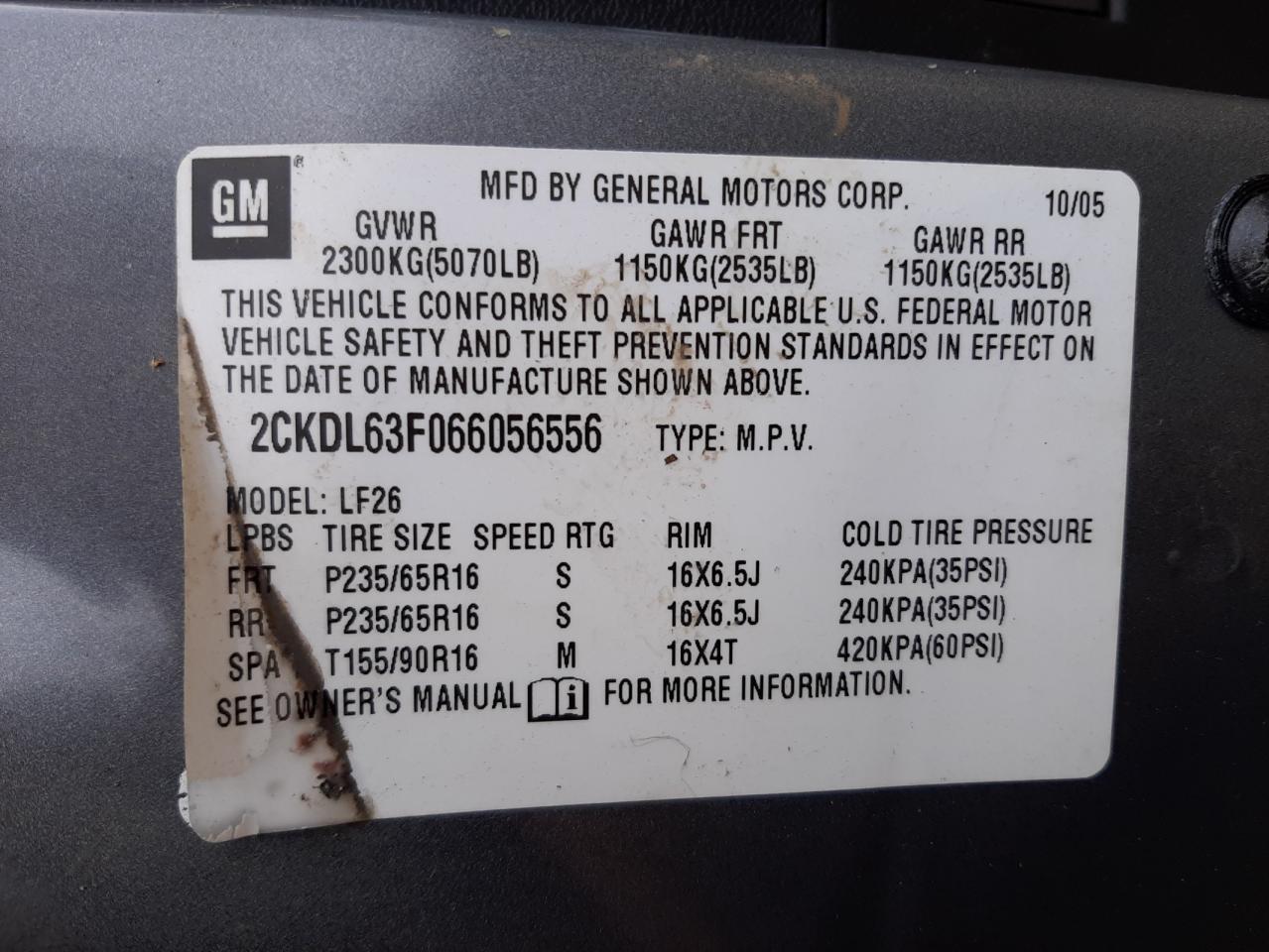 Photo 10 from auction – 2006 PONTIAC TORRENT with VIN 2CKDL63F066056556