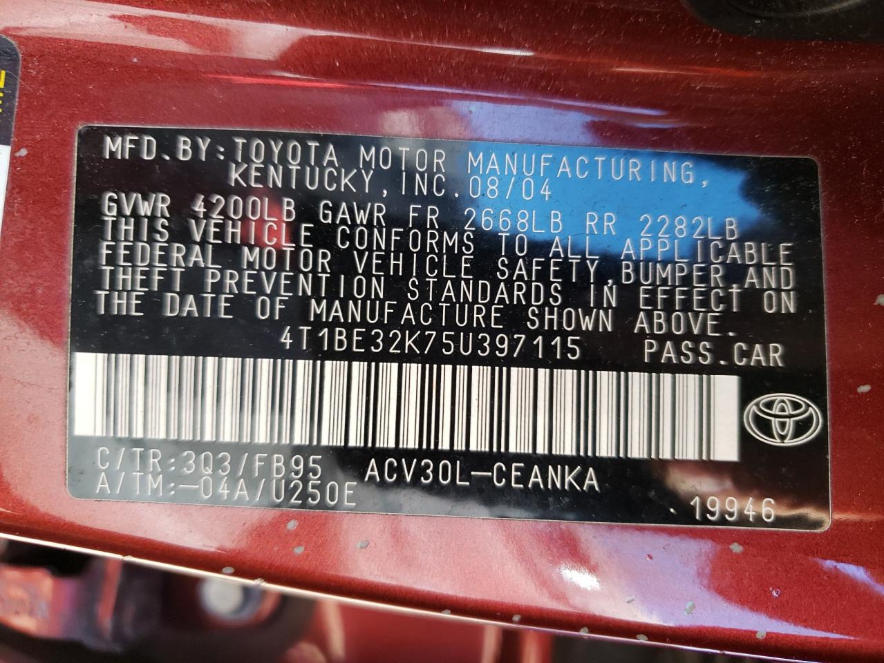 Photo 10 from auction – 2005 TOYOTA CAMRY LE with VIN 4T1BE32K75U397115