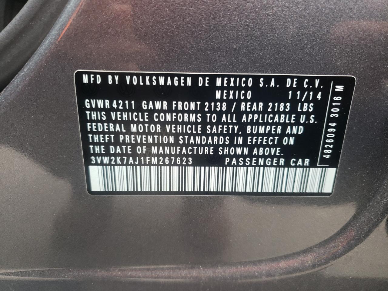 Photo 10 from auction – 2015 VOLKSWAGEN JETTA BASE with VIN 3VW2K7AJ1FM267623