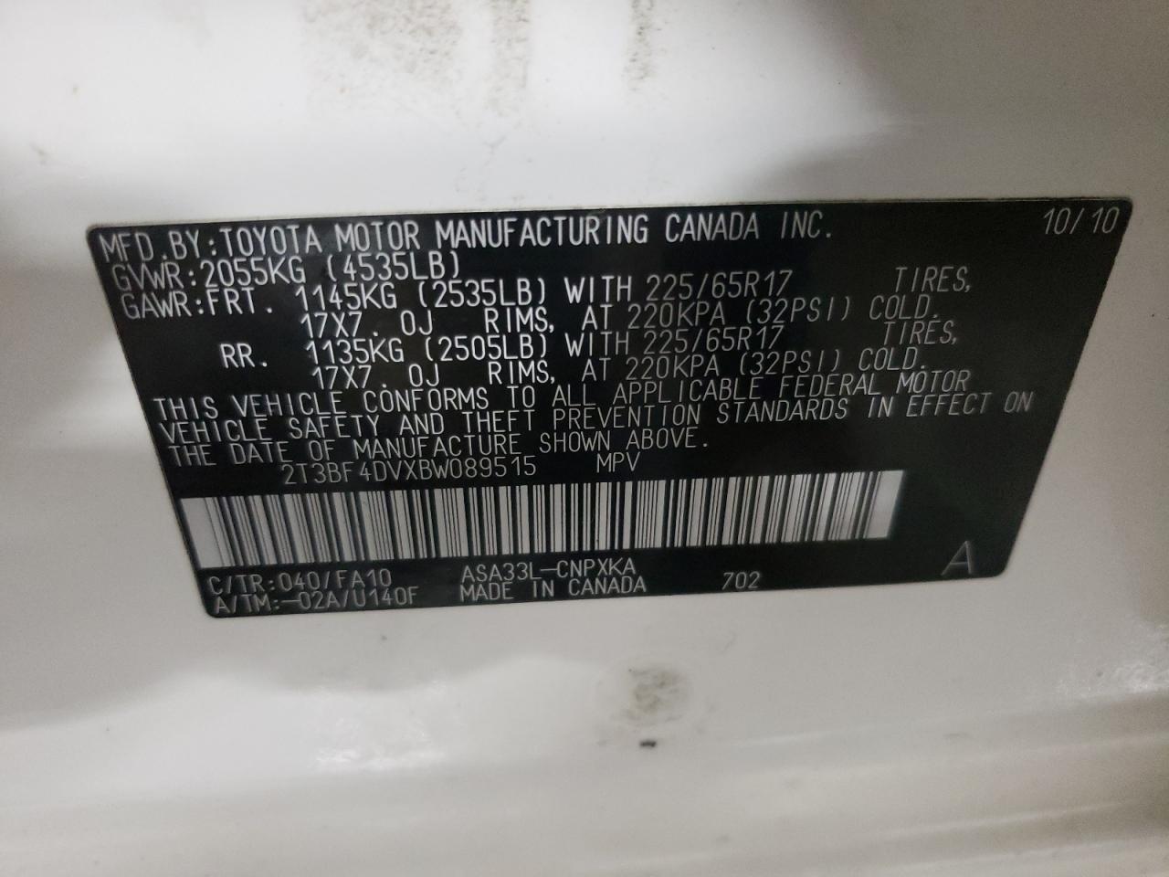 Photo 10 from auction – 2011 TOYOTA RAV4 with VIN 2T3BF4DVXBW089515